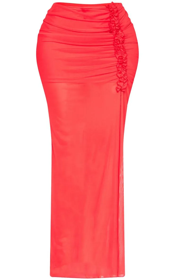 Sale PrettyLittleThing Shape Low Rise Frill Detail Side Split Maxi Skirt Red