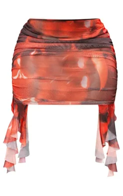 Hot PrettyLittleThing Shape Mesh Floral Print Ruched Mini Skirt Red