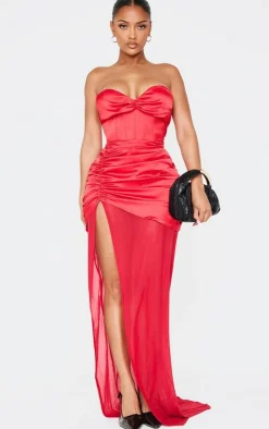 Shape Satin Corseted Mesh Insert Side Split Maxi Dress-PrettyLittleThing Hot