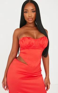 Hot PrettyLittleThing Shape Red Satin Cup Detail Bandeau Corset Bright Red