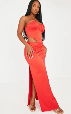 Hot PrettyLittleThing Shape Red Satin Cup Detail Bandeau Corset Bright Red