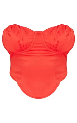 Hot PrettyLittleThing Shape Red Satin Cup Detail Bandeau Corset Bright Red