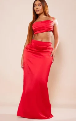 Outlet PrettyLittleThing Shape Satin Drape Detail Maxi Skirt Red