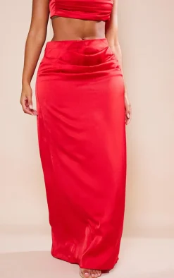 Outlet PrettyLittleThing Shape Satin Drape Detail Maxi Skirt Red