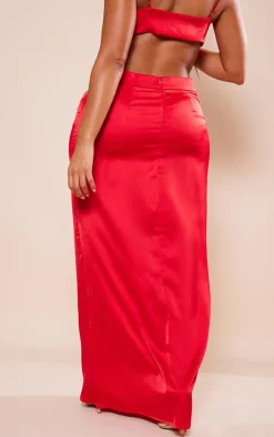 Outlet PrettyLittleThing Shape Satin Drape Detail Maxi Skirt Red