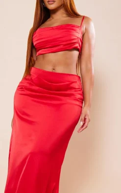Outlet PrettyLittleThing Shape Satin Drape Detail Maxi Skirt Red