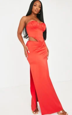 Online PrettyLittleThing Shape Red Satin Low Rise Maxi Skirt Bright Red