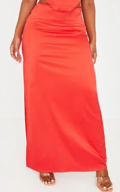 Online PrettyLittleThing Shape Red Satin Low Rise Maxi Skirt Bright Red