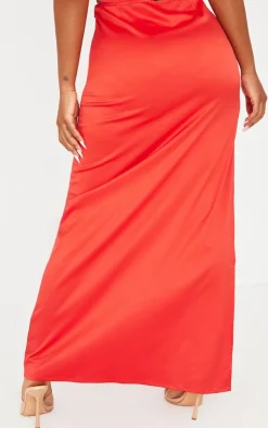 Online PrettyLittleThing Shape Red Satin Low Rise Maxi Skirt Bright Red