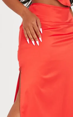 Online PrettyLittleThing Shape Red Satin Low Rise Maxi Skirt Bright Red