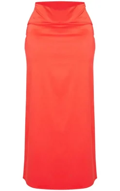 Online PrettyLittleThing Shape Red Satin Low Rise Maxi Skirt Bright Red