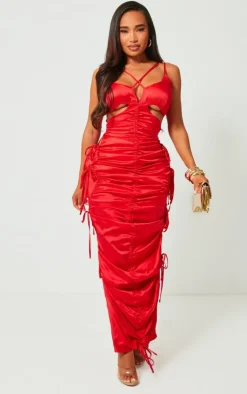 Shape Red Satin Ruched Strappy Detail Maxi Dress-PrettyLittleThing Discount