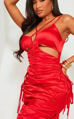 Shape Red Satin Ruched Strappy Detail Maxi Dress-PrettyLittleThing Discount
