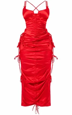 Shape Red Satin Ruched Strappy Detail Maxi Dress-PrettyLittleThing Discount