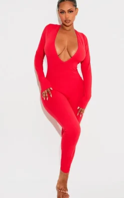 Shape Sculpted Long Sleeve Plunge Front Jumpsuit-PrettyLittleThing Outlet