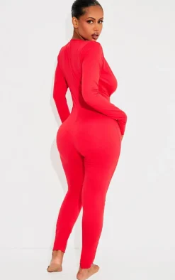 Shape Sculpted Long Sleeve Plunge Front Jumpsuit-PrettyLittleThing Outlet