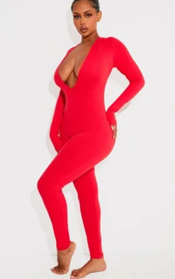 Shape Sculpted Long Sleeve Plunge Front Jumpsuit-PrettyLittleThing Outlet