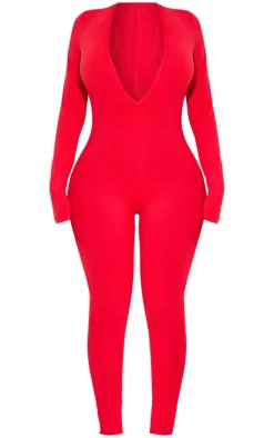 Shape Sculpted Long Sleeve Plunge Front Jumpsuit-PrettyLittleThing Outlet
