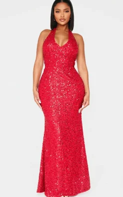 Shape Sequin Halter Neck Deep Plunge Maxi Dress-PrettyLittleThing Clearance
