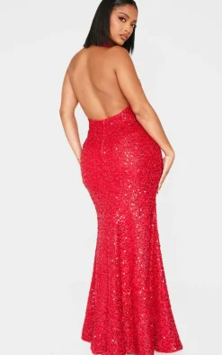 Shape Sequin Halter Neck Deep Plunge Maxi Dress-PrettyLittleThing Clearance