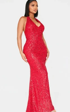 Shape Sequin Halter Neck Deep Plunge Maxi Dress-PrettyLittleThing Clearance