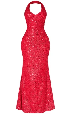 Shape Sequin Halter Neck Deep Plunge Maxi Dress-PrettyLittleThing Clearance