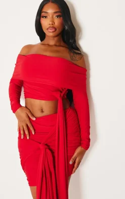 New PrettyLittleThing Shape Slinky Bardot Knot Side Crop Top Red