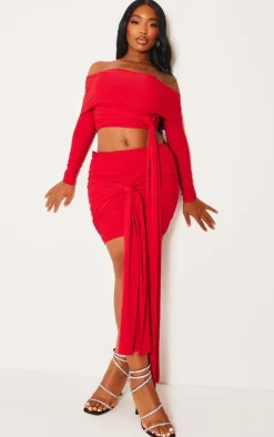 New PrettyLittleThing Shape Slinky Bardot Knot Side Crop Top Red