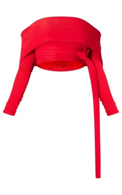 New PrettyLittleThing Shape Slinky Bardot Knot Side Crop Top Red