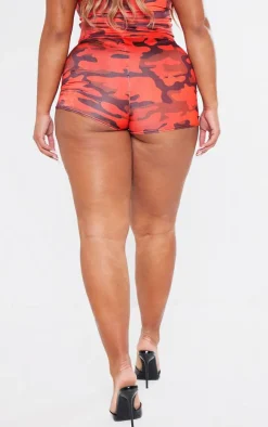 New PrettyLittleThing Shape Slinky Camo Print Low Rise Hot Pants Red