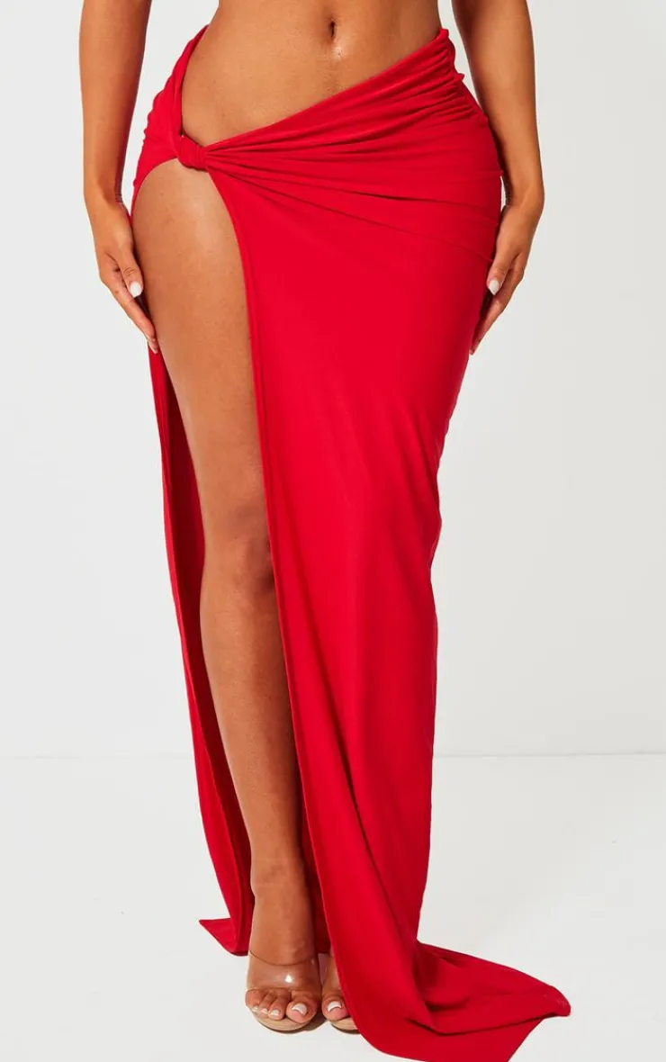 Outlet PrettyLittleThing Shape Red Slinky Extreme Knot Maxi Skirt Bright Red