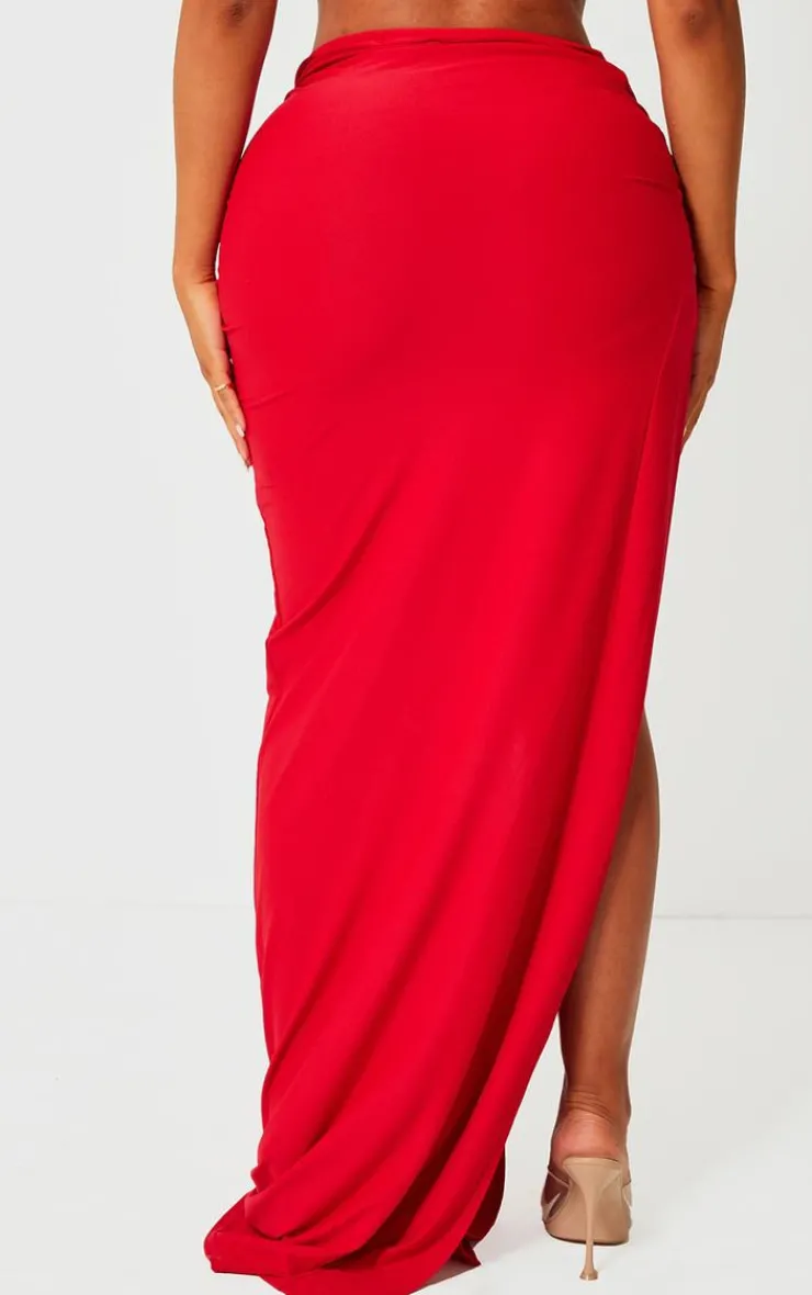 Outlet PrettyLittleThing Shape Red Slinky Extreme Knot Maxi Skirt Bright Red