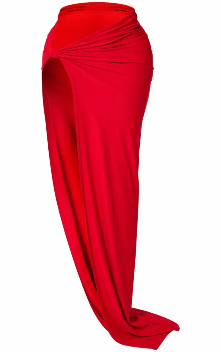 Outlet PrettyLittleThing Shape Red Slinky Extreme Knot Maxi Skirt Bright Red
