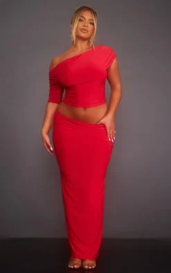 Online PrettyLittleThing Shape Slinky Low Rise Maxi Skirt Red