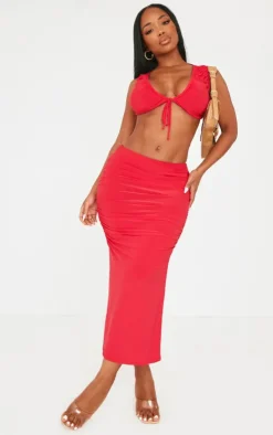 Clearance PrettyLittleThing Shape Slinky Maxi Skirt Red