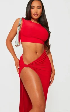 New PrettyLittleThing Shape Red Slinky Racer Crop Top Bright Red