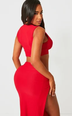 New PrettyLittleThing Shape Red Slinky Racer Crop Top Bright Red