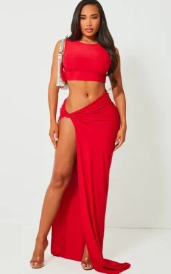 New PrettyLittleThing Shape Red Slinky Racer Crop Top Bright Red