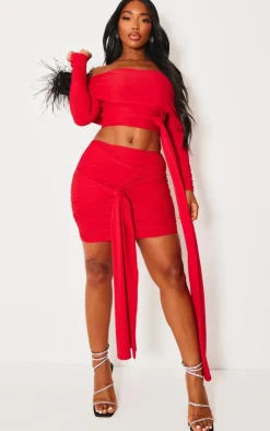 Best PrettyLittleThing Shape Slinky Ruched Knot Side Mini Skirt Red