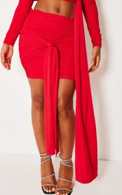 Best PrettyLittleThing Shape Slinky Ruched Knot Side Mini Skirt Red