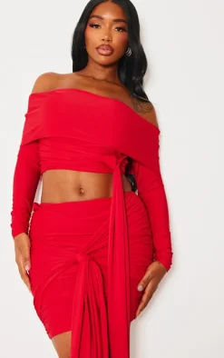 Best PrettyLittleThing Shape Slinky Ruched Knot Side Mini Skirt Red