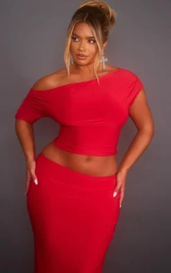 New PrettyLittleThing Shape Slinky Ruched Side Longline Top Red