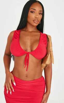 Outlet PrettyLittleThing Shape Slinky Sleeveless Tie Front Top Red