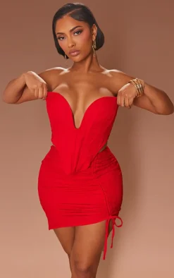 Discount PrettyLittleThing Shape Textu Ruched Side Bodycon Skirt Red