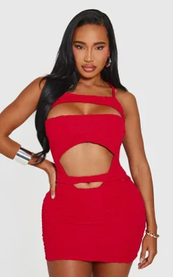Sale PrettyLittleThing Shape Textu Strappy High Rise Bodysuit Red