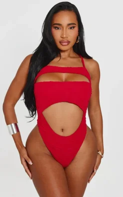 Sale PrettyLittleThing Shape Textu Strappy High Rise Bodysuit Red