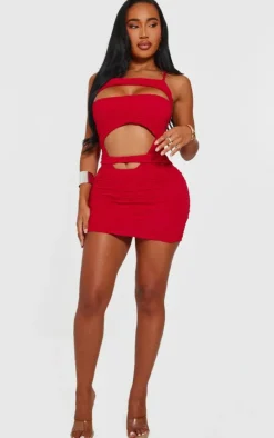 Sale PrettyLittleThing Shape Textu Strappy High Rise Bodysuit Red