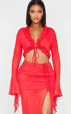 Hot PrettyLittleThing Shape Tie Front Frill Edge Flare Sleeve Top Red