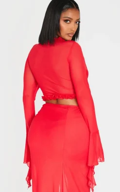 Hot PrettyLittleThing Shape Tie Front Frill Edge Flare Sleeve Top Red