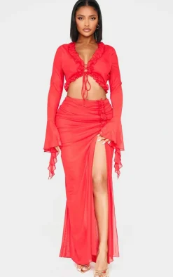 Hot PrettyLittleThing Shape Tie Front Frill Edge Flare Sleeve Top Red